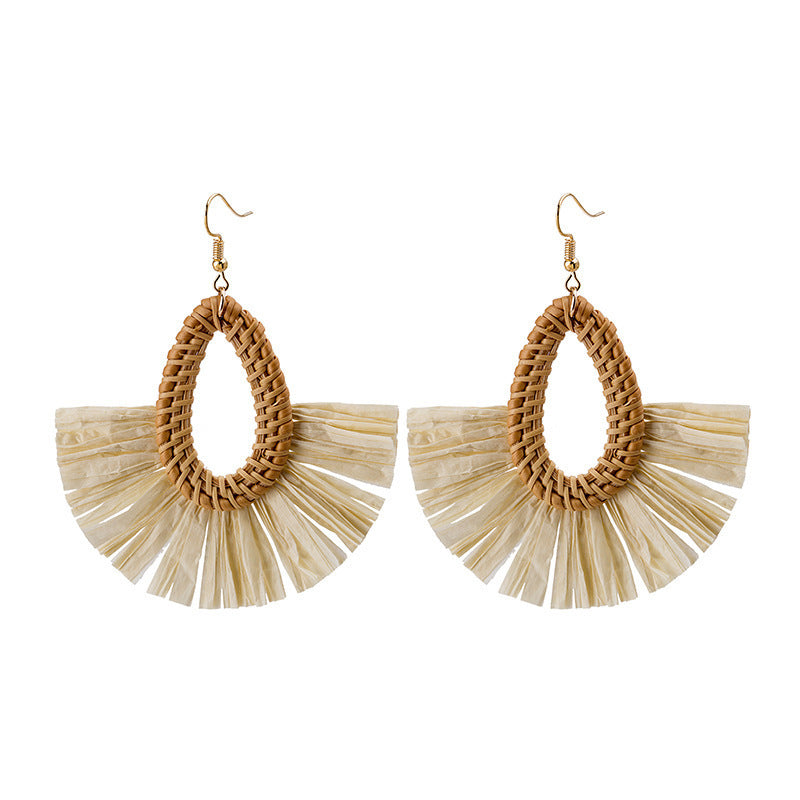 Wholesale Hand-woven Geometric Rattan Raffia Fan Earrings